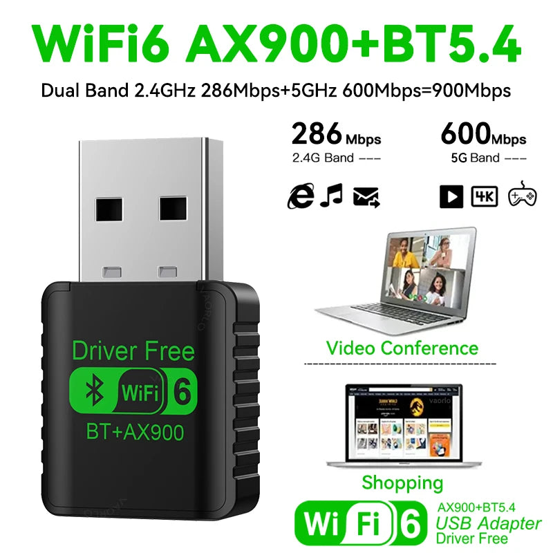 2IN1Mini USB AX900Mbps WiFi6 BT5.4 Network Card 2.4G&5GHz Dongle Wireless Receiver Adapter Driver Free For PC Laptop Win10/11