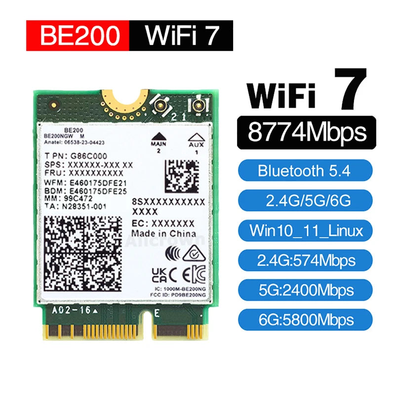 WiFi 7 BE200 Bluetooth 5.4 Wifi Card Tri Band 2.4G/5G/6GHz Wireless Network Adapter For Windows 10/11 PC Laptop With Antennas