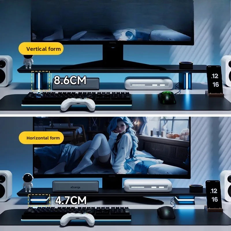 RGB LED Monitor Riser for Gaming Desk, Desktop Screen Elevation Stand, Laptop Holder, Multi-Layer Organizer,  Desk Accessory