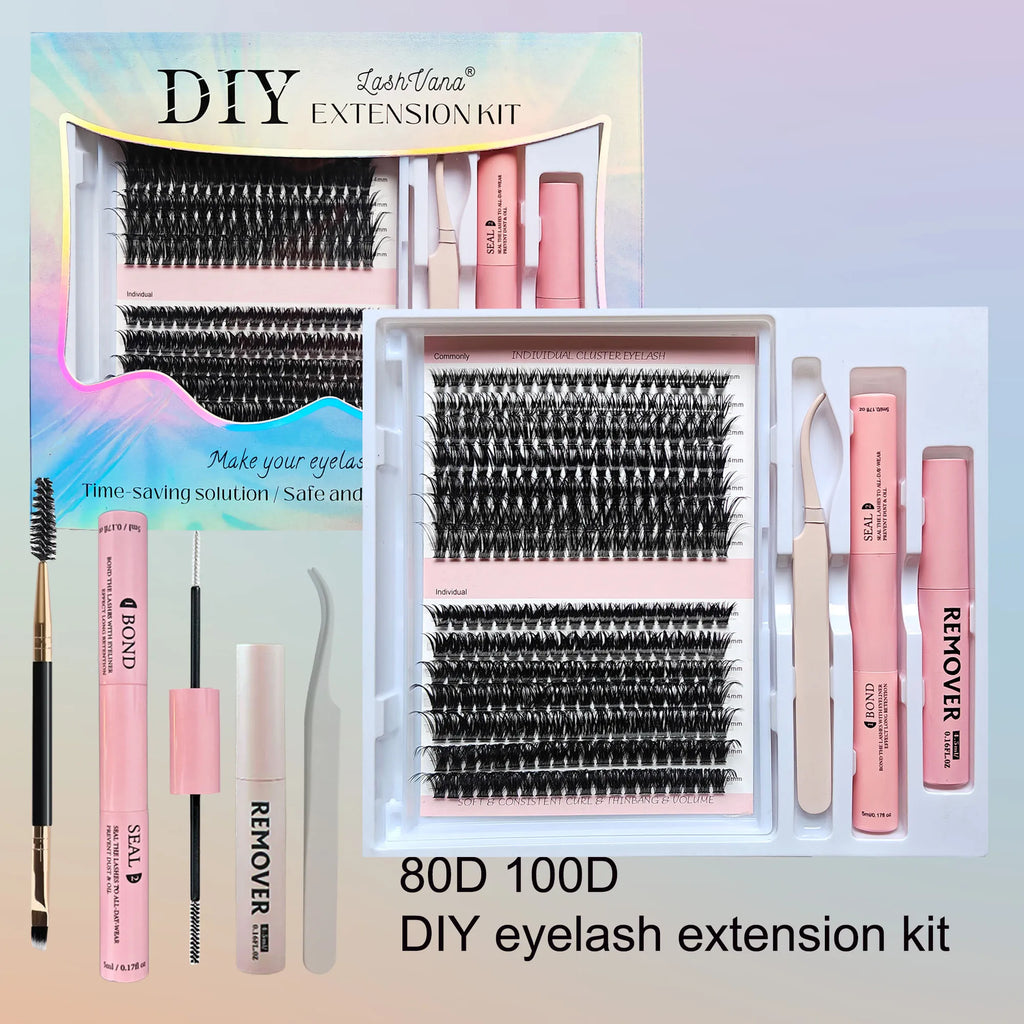 Lashes Clusters Set Extensions Kit Fake eyelashes Mix Lash Clusters with Lash Bond Seal and Lash Applicator Tool Makeup