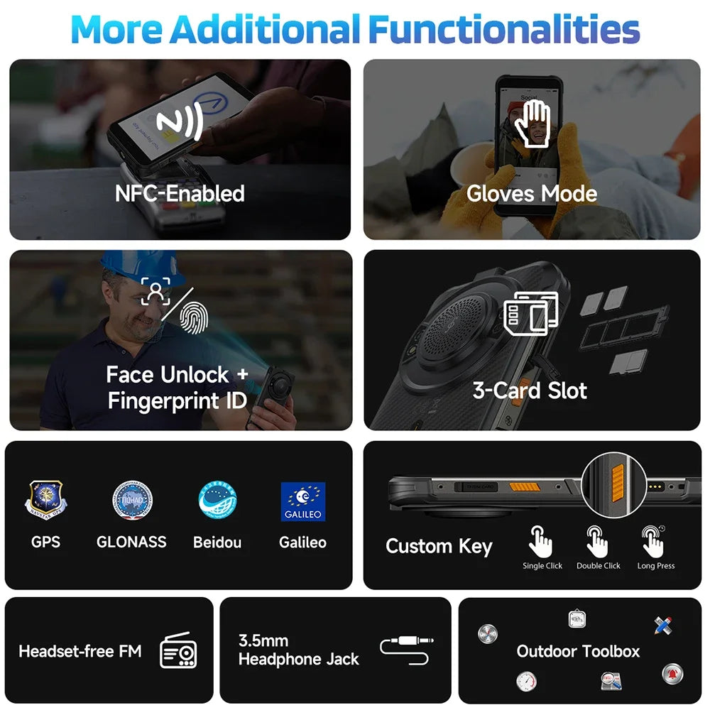 Ulefone RugKing 4G Rugged Smartphone Android 15 Waterproof 5.99 Inch 8+256GB Mobile Phone 9600mAh 50MP Main Camera Cellphone NFC