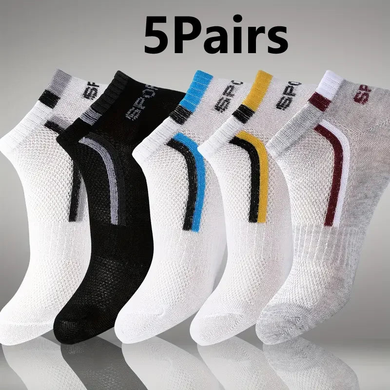 Men's Anti-Slip Boat Socks-5Pair Block Print Ankle Socks for Business & Sports, Breathable Sweat Resistant Anti-odor Comfortable