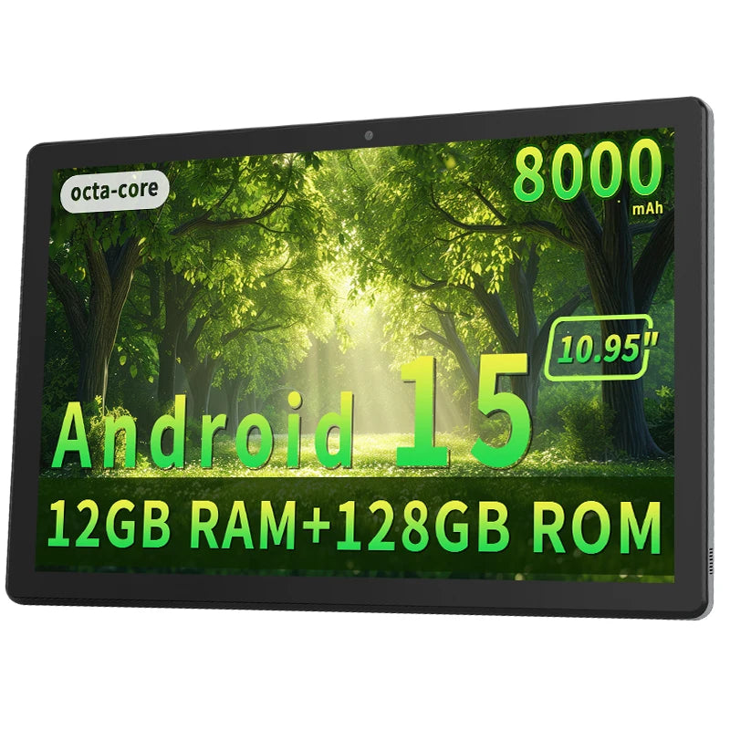 2025 Upgraded Android 15 Tablet 10.95inch,12GB+128GB+512GB, 8000mAh Large Battery, Dual WiFi 6, Dual Camera,T606 Octa-Core CPU