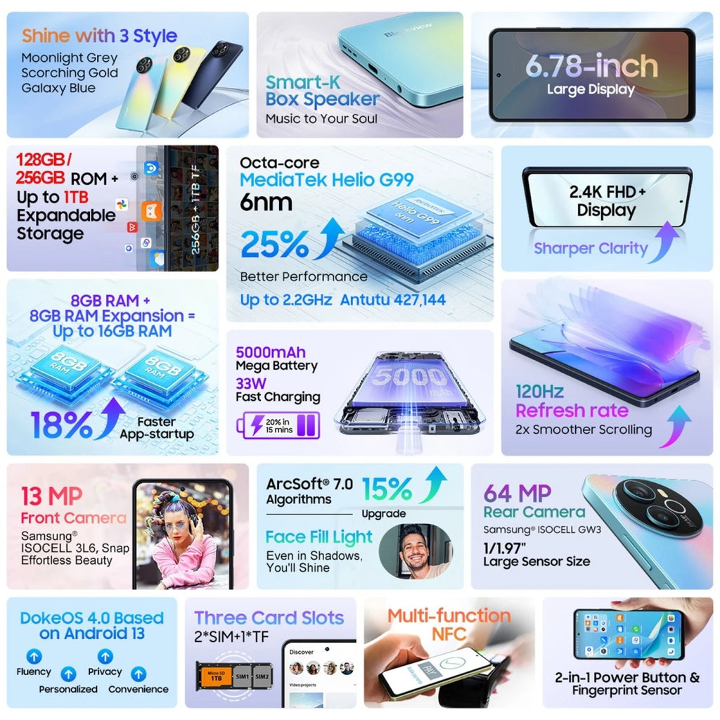 Blackview SHARK 8 Smartphone 8GB+256GB Helio G99 Android13 Mobile 6.78'' 2.4K Display 120Hz 64MP 5000mAh 33W NFC Cellphone