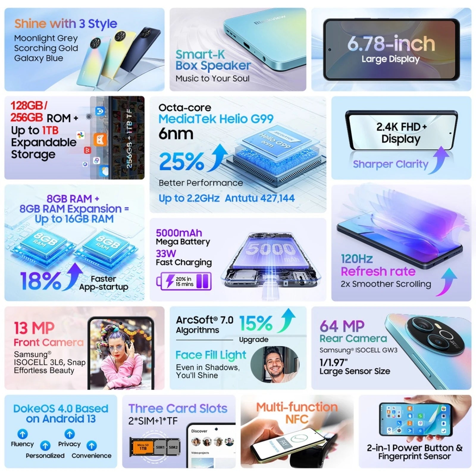 Blackview SHARK 8 Smartphone 8GB+256GB Helio G99 Android13 Mobile 6.78'' 2.4K Display 120Hz 64MP 5000mAh 33W NFC Cellphone