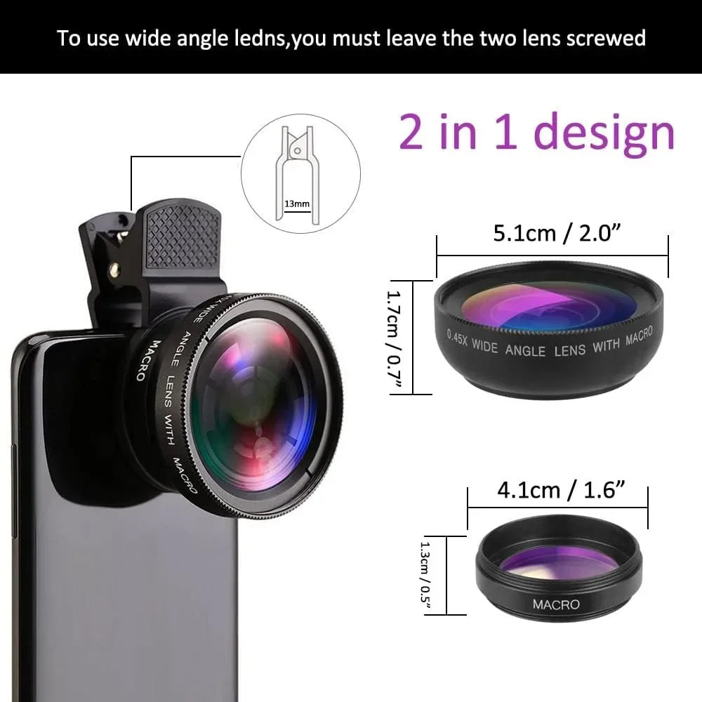 37mm Mobile Phone Lens Professional 0.45X 49uv Super Wide-Angle + Macro HD Lens For iPhone Android 2 IN 1 Lens Universal Clip