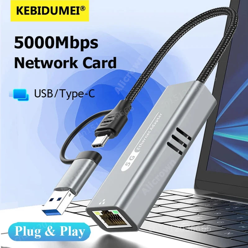 5Gbps USB 3.2 Type C Ethernet Adapter RJ45 Network Card for Windows 11 PC/Laptop USB-C RTL8157 Chip Converter Lan Internet Cable