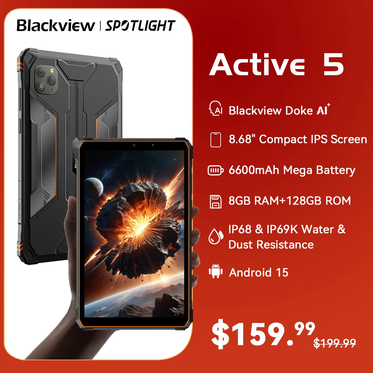 Blackview Active 5 8.68'' Rugged Tablet PC, Android 15 Unisoc T615 Octa Core, 8GB RAM 128GB ROM AI Mini Pad, 6600mAh/18W