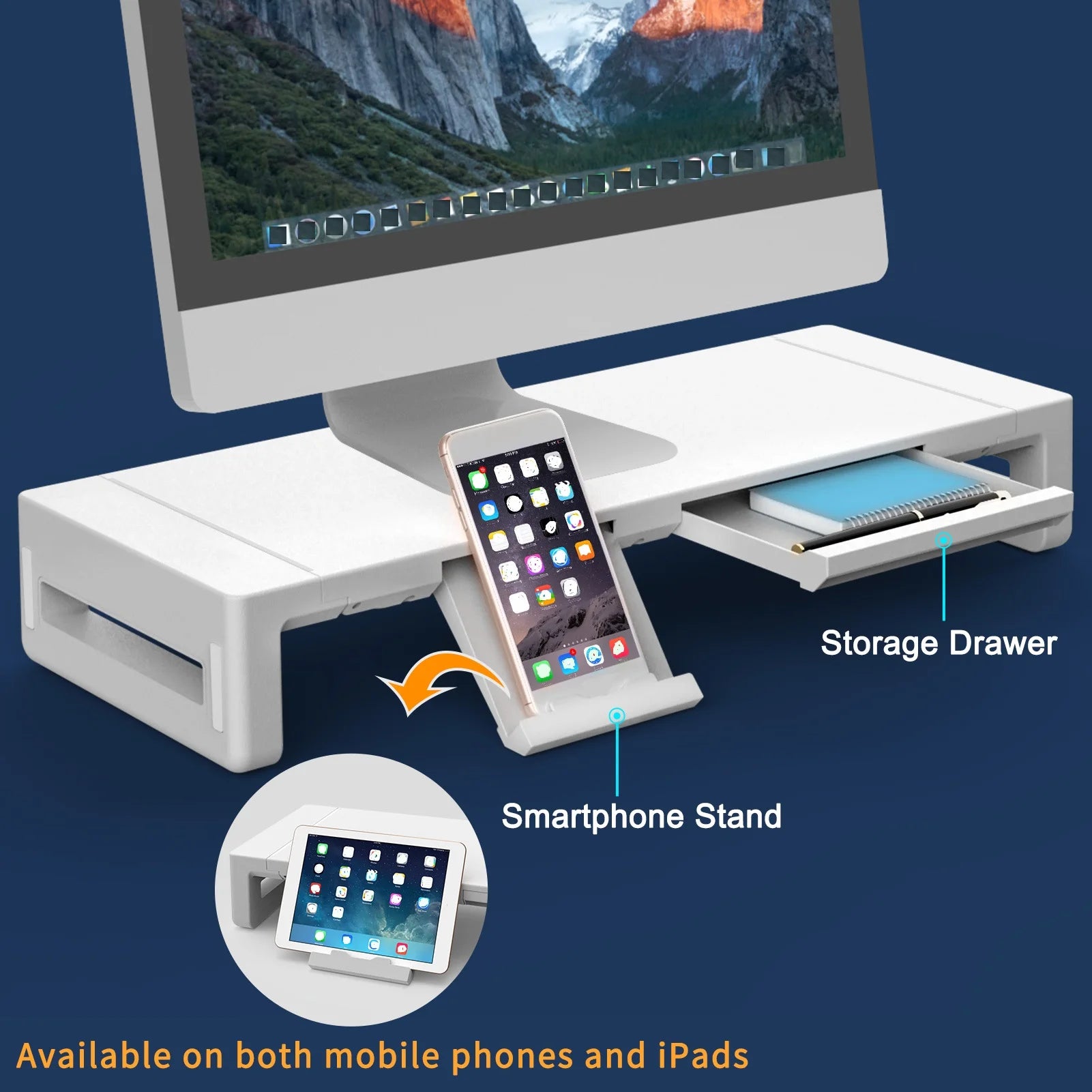 Monitor Stand Riser, Foldable, Height Adjustable Computer Stand, Desk Shelf Riser with Storage Drawer &Tablet Phone