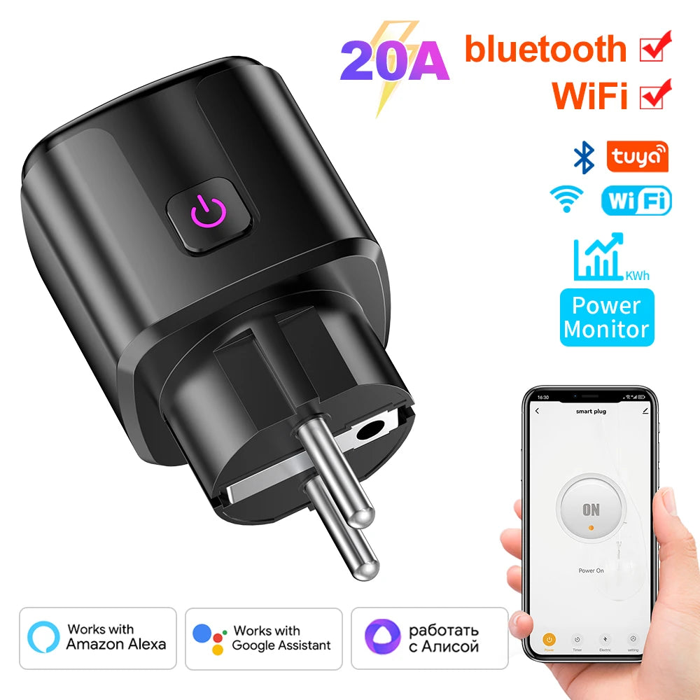 Tuya Smart WiFi+Bluetooth 20A EU Plug With Power Monitoring Socket Timer Outlet Child Lock Google Home Alice SmartThings Alexa
