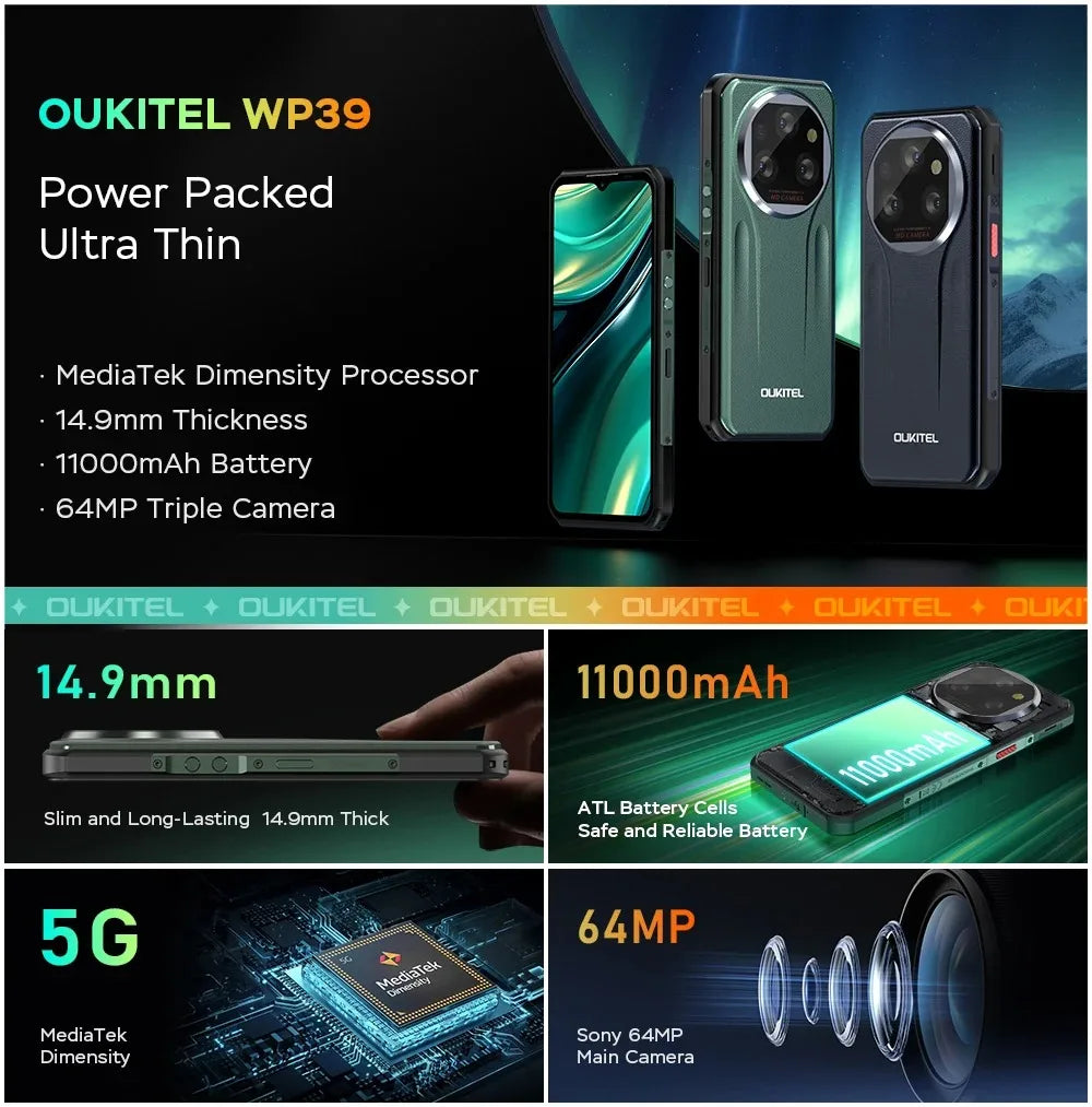 Oukitel wp39 Rugged Smartphone 5G 24GB（6+18)+256GB 6.60"FHD+ 64MP Camera 11000mAh Cell phone Android 14 Global Version