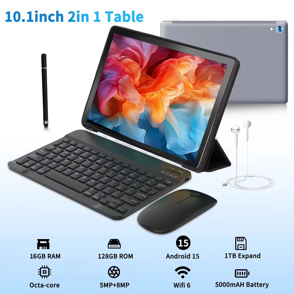 URAO C108 10 Inch Tablets Android 14 A523 Octa Core Tablet 14GB+128GB 1 TB Expansion WiFi 6 5MP+8MP Camera Keyboard Mouse Set