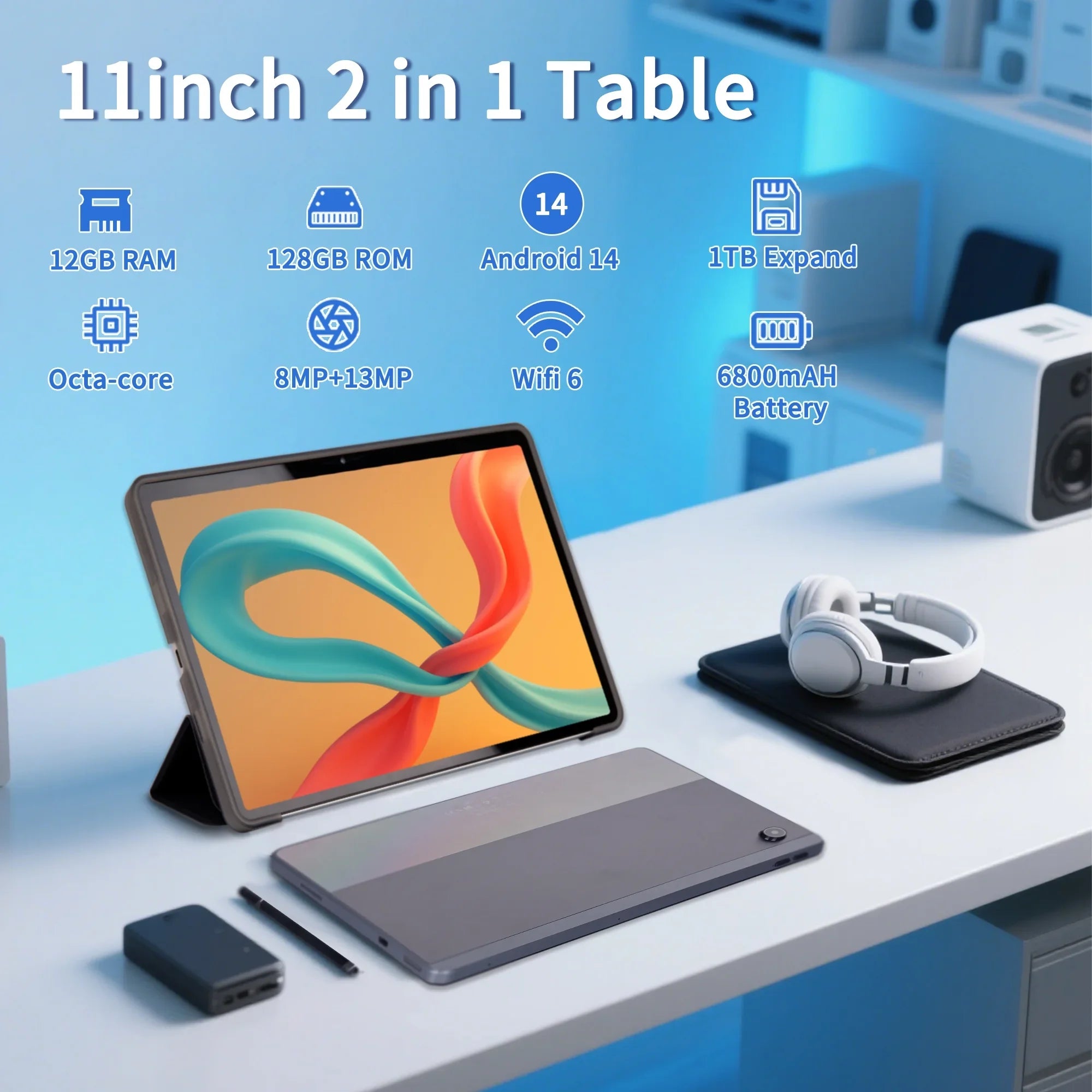 URAO C9+ 11 Inch Tablet Android 14 12GB RAM 128GB ROM(1TB TF Extensions) Octa-Core 2K Widevine L1 IPS 8MP+13MP 6800mAh Case Pen