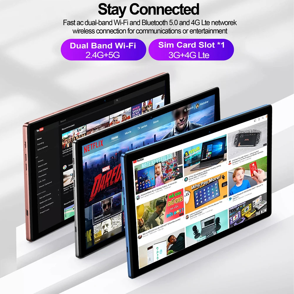 BDF New 10.1 Inch Octa Core Android 12 Tablets 4G Network Dual SIM 8GB RAM 256GB ROM WiFi Google Play AI Speed-up Tablet PC