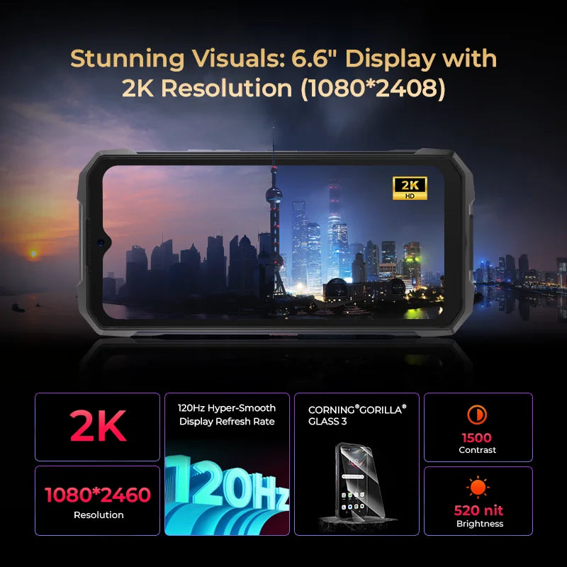 HOTWAV Hyper 7 5G Rugged Phone 6.6'' FHD+ 2K Display 10800mAh Mobile Phone 280LM 64MP Smartphone 8GB 256GB Android 14 Cellphone