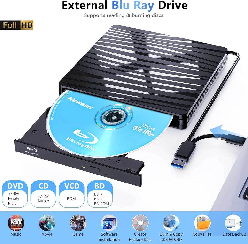 USB3.0 External Blu-ray Optical Drive for Laptop PC Windows 11/10 Mac Portable 3D BD-RW Drive BD DVD CD Player Burner Reader