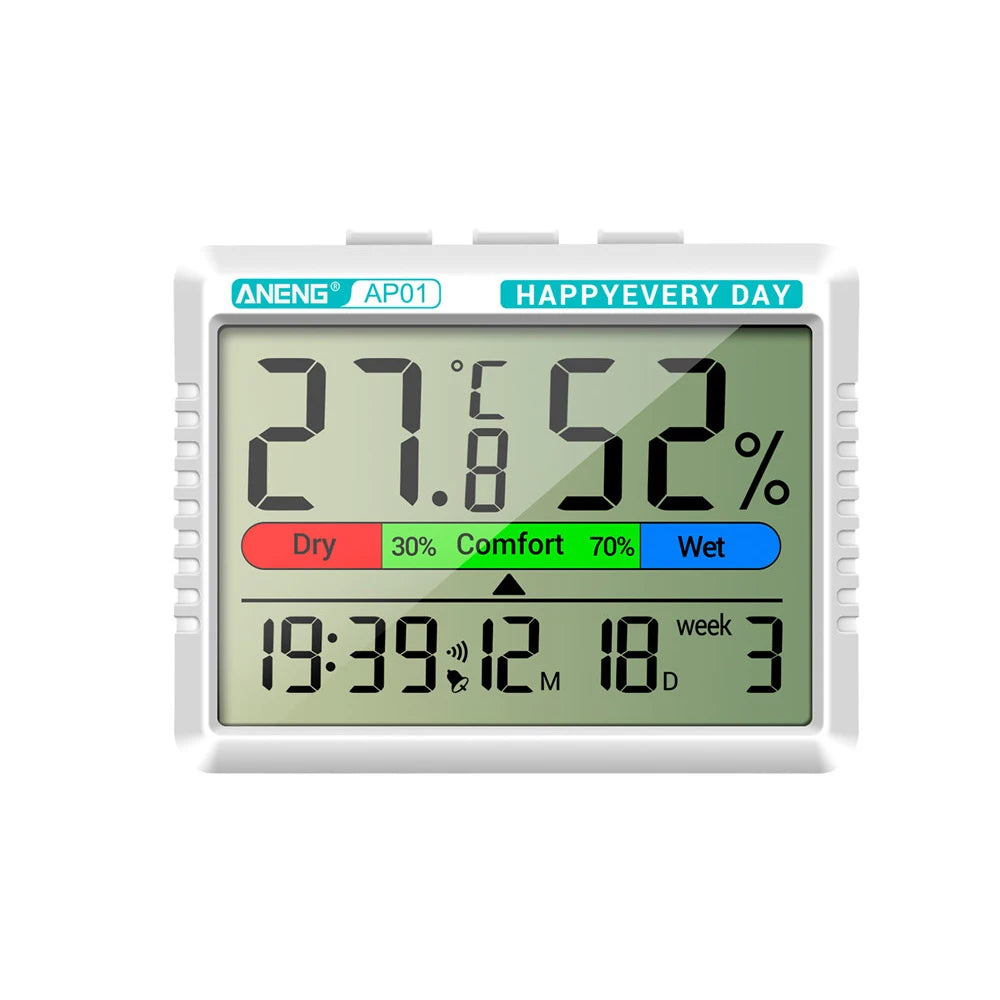 Multifunction Thermometer Hygrometer Automatic Electronic Temperature Humidity Monitor Clock Calendar  Week Large LCD Screen