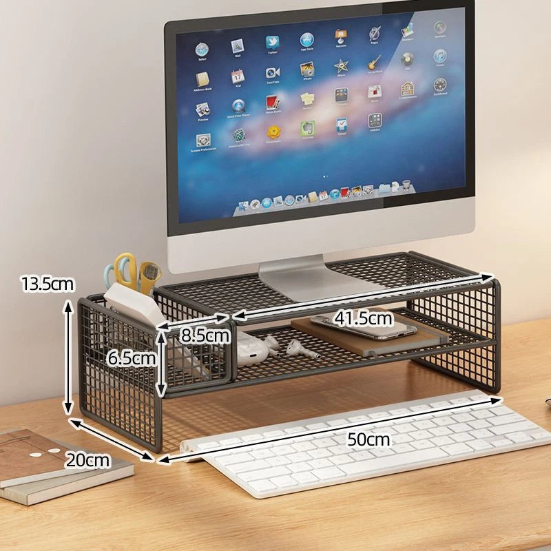 Double-Deck Computer Monitor Riser Holder PC Screen Stand Bracket Desktop Laptop Keyboard Mouse Storage Organizer Pen Container
