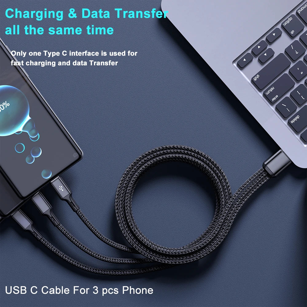3 In 1 USB-Type C 100W Fast Charging USB A-3Type-C Data Cable For Samsung S24 Xiaomi Huawei Android USB C Data Transfer Cord