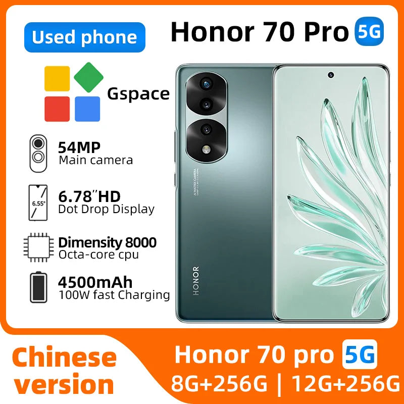 HONOR 70 Pro 5G CPU  Dimensity 8000 Original Smartphone 6.78inch 120Hz OLED Sreen   4500mAh 100W 54MP Camera HONOR Used Phone