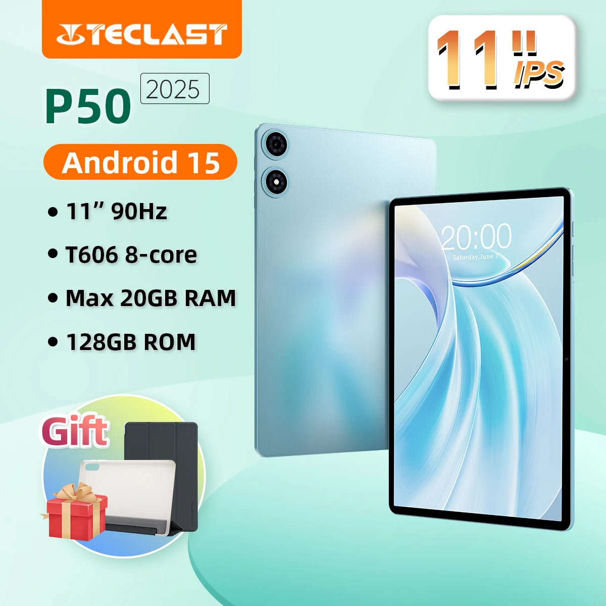 Teclast P50 2025 Android 15 Tablet 11 inch 90Hz Display T606 Octa-Core Max 20GB(8+12GB) RAM 128GB ROM 7000mAh Type-C 4G LTE GPS