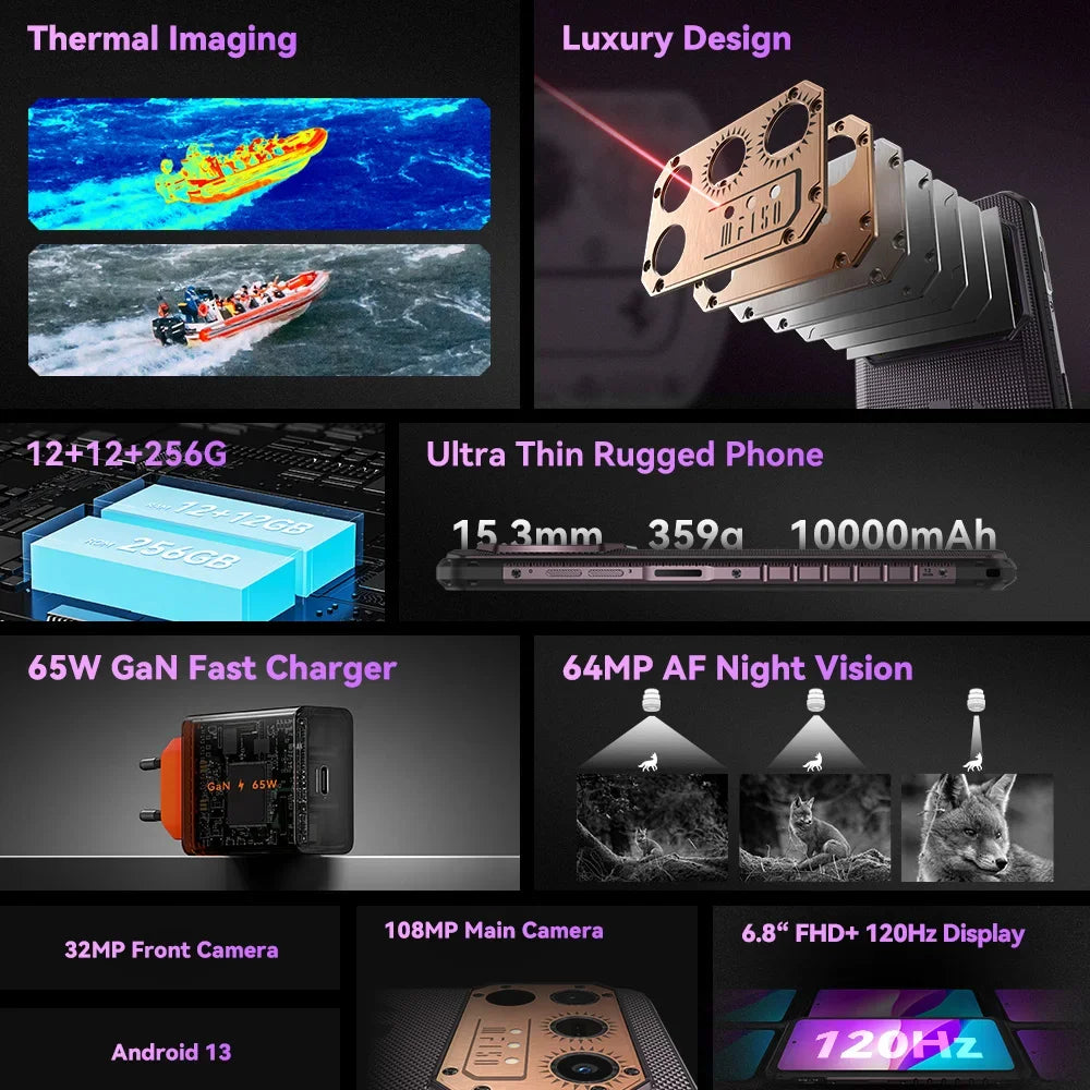 IIIF150 Raptor Rugged Phone 6.8” 120Hz 12GB+256GB Telephone Smartphone 108MP Camera 10000mAh Cell Phone Smartphone 4G Android 13