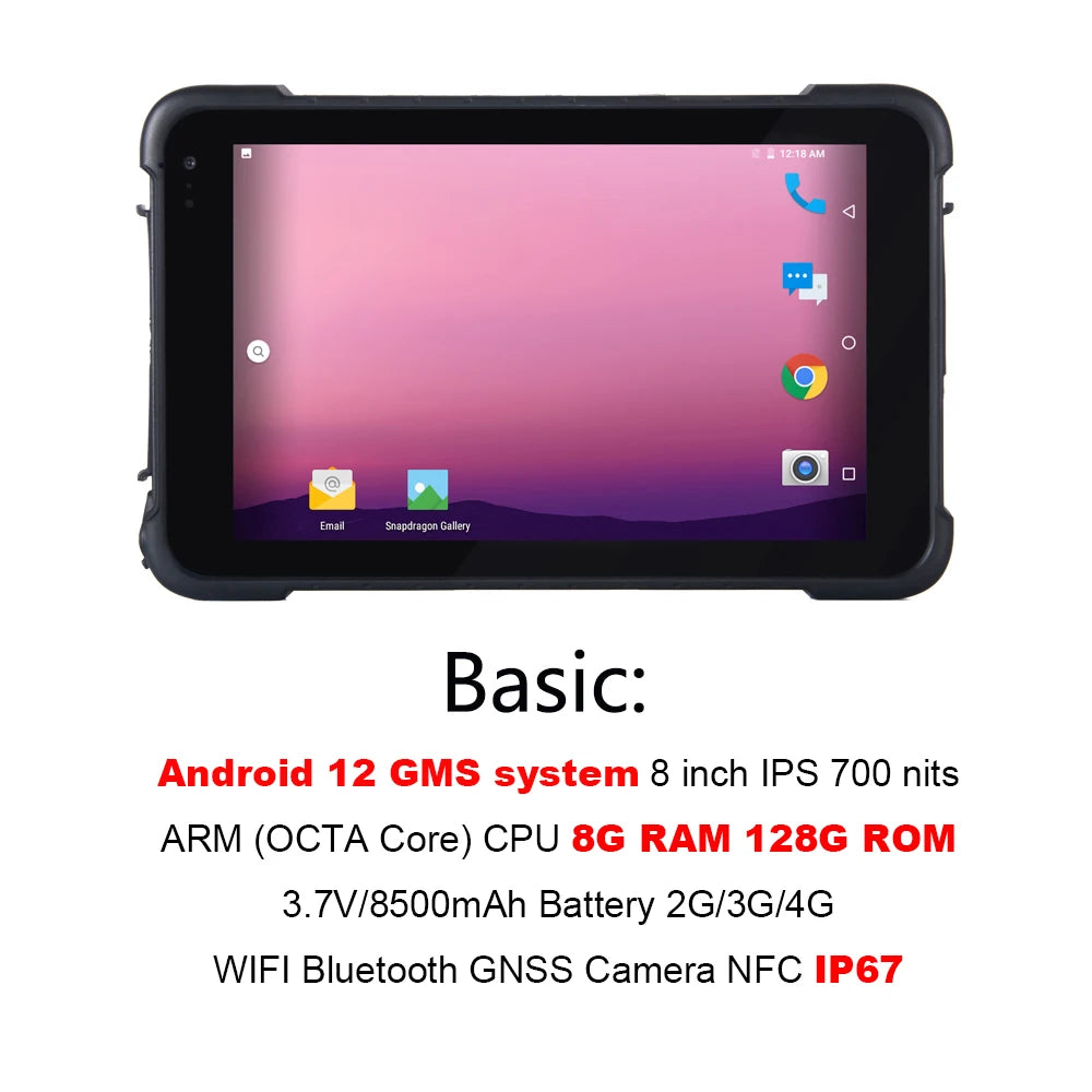 Android Rugged Tablet 8 Inch 4G LTE 8GB RAM 128GB ROM 2D Scanner Google Play IP67 Industrial Waterproof Tablet PC