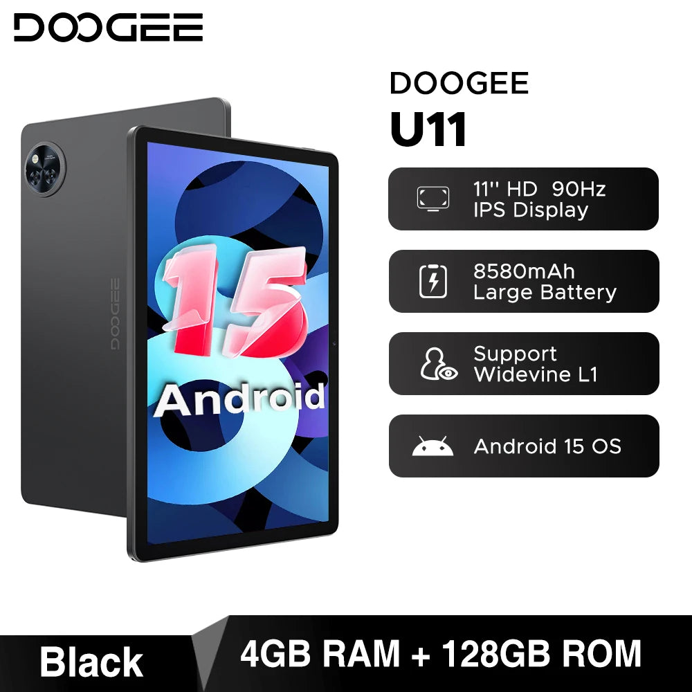 DOOGEE U11 Android 15 Tablet 11" Ultra-clear 90Hz Display 16GB(4+12) 128GB 8580mAh Battery Unisoc T606 octa-core Dual Speaker