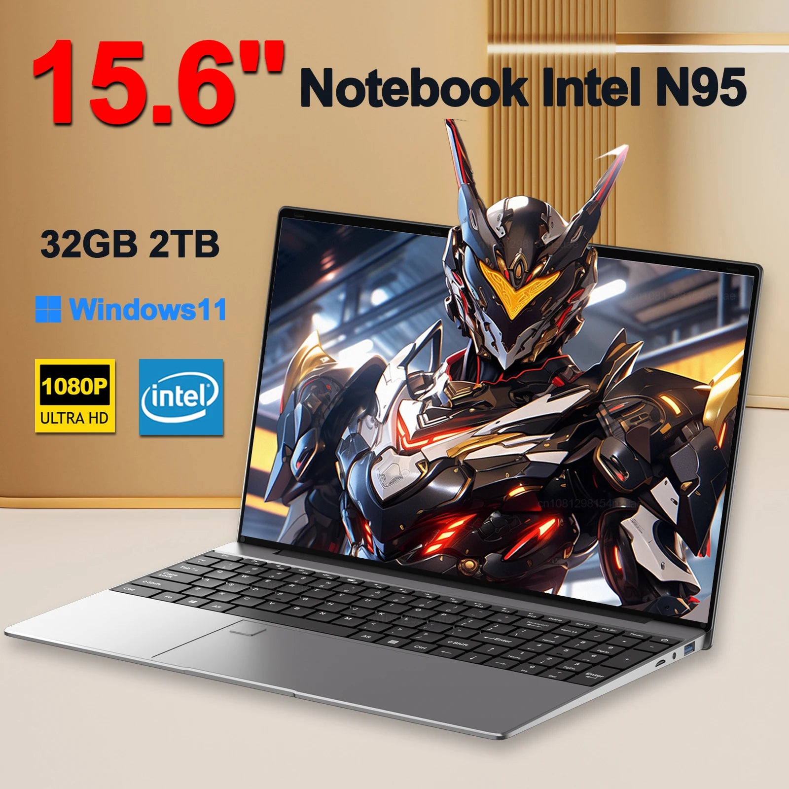 LENO NEW 15.6" Portable Laptop Intel N95 Windows11 32GB DDR4 2TB SSD 7500mAh Office Notebook Pc Gamer with Backlit Fingerprint
