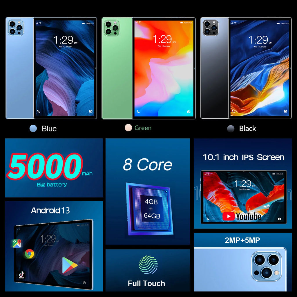 New 10.1 Inch Tablets Octa Core 4GB RAM 64GB ROM Dual SIM Cards 3G Phone Call WiFi Bluetooth Google Play Tablet Pc Android 13