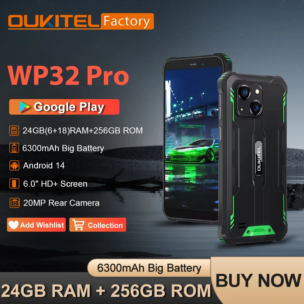 Oukitel WP32 Pro Rugged Smartphone 24GB+256GB 6" HD  20MP Cellphone NFC 6300mAh Octa Core Mobile phone