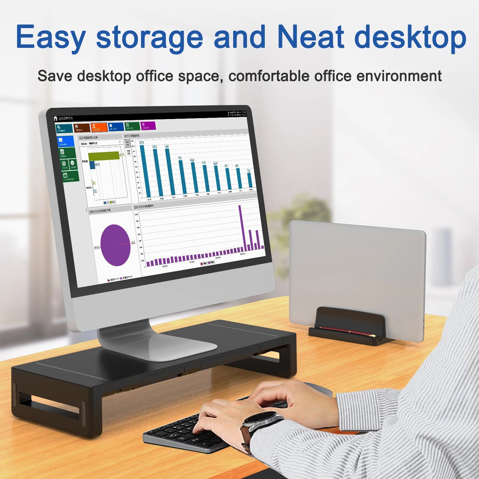 Computer Monitor Stands Foldable with USB3.0 Port Keyboard Mouse Storage Shelf and Drawer Monitor Holder