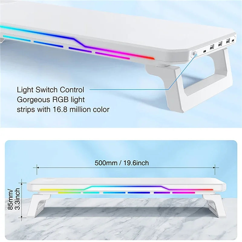 Monitor Stand Riser with 3 USB 2.0 Ports + Wireless Charging + RGB Lighting Foldable Office Computer Stand Storage Rack