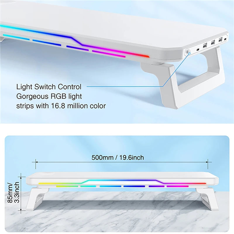 Computer Monitor Riser Stand Storage Rack with RGB Lighting + Wireless Charging + 3 USB Ports White Foldable Desktop Organizer