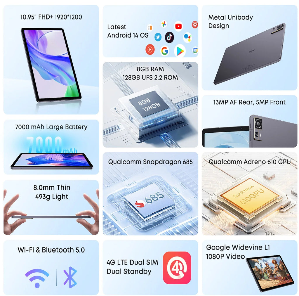 CHUWI AuPad 10.95-inch Tablet FHD Screen 8GB DDR4 128GB ROM 4G LTE GPS Android 14 Snapdragon 685 Octa-Core Widevine L1 Tablet PC
