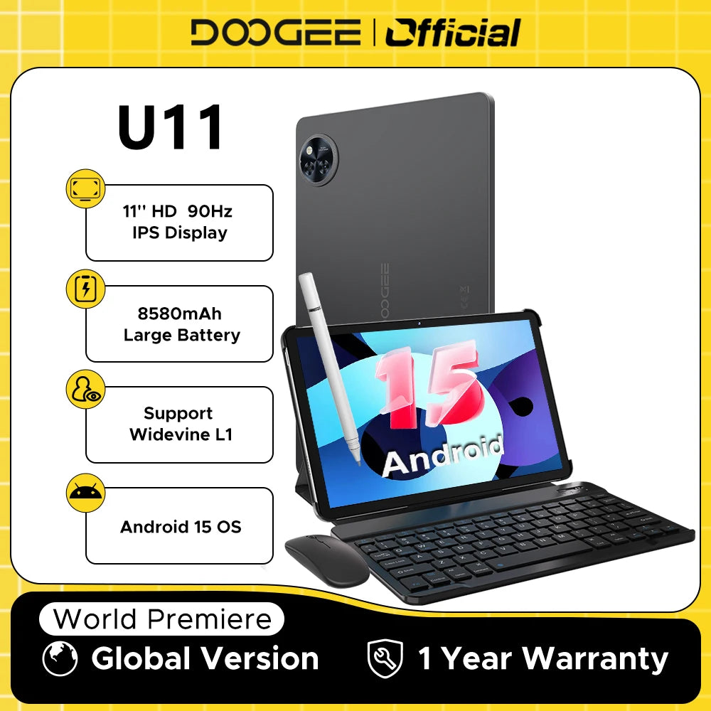 DOOGEE U11 Android 15 Tablet 11" Ultra-clear 90Hz Display 16GB(4+12) 128GB 8580mAh Battery Unisoc T606 octa-core Dual Speaker
