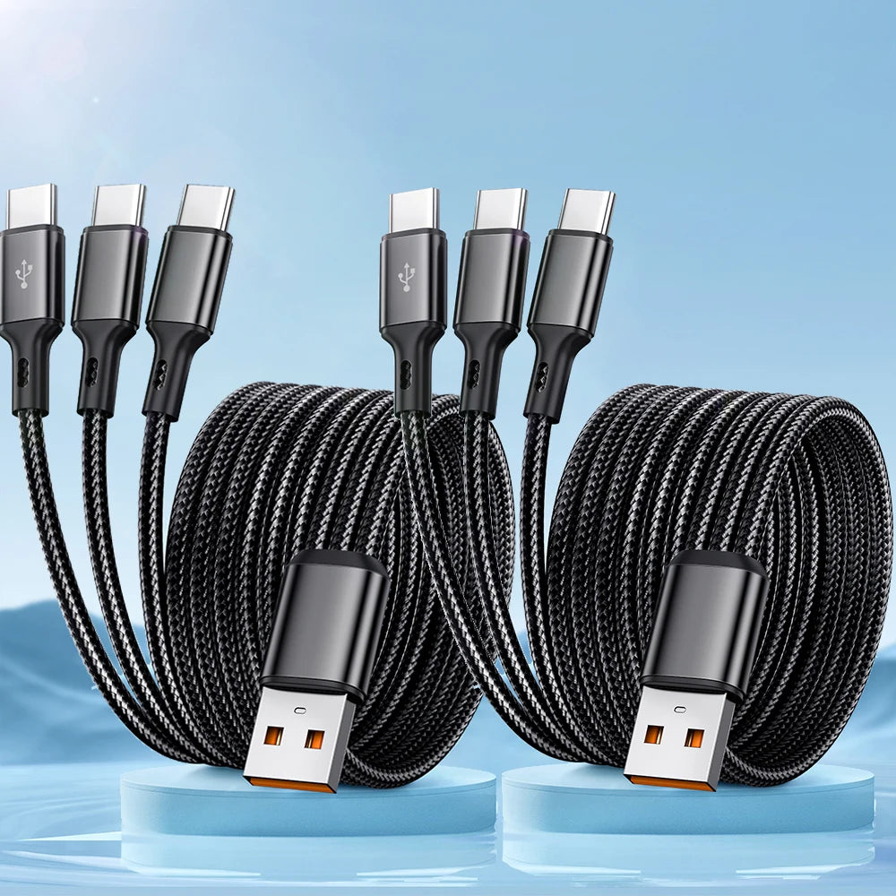 3 In 1 USB-Type C 100W Fast Charging USB A-3Type-C Data Cable For Samsung S24 Xiaomi Huawei Android USB C Data Transfer Cord