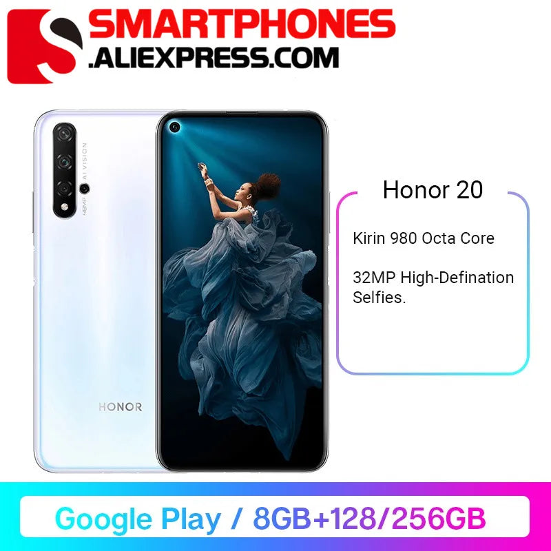 Global Rom Honor 20 Cell phone Kirin 980 Octa Core 8GB RAM 256GB RAM 3750mAh Super Charge 6.26 inch Support Google Play