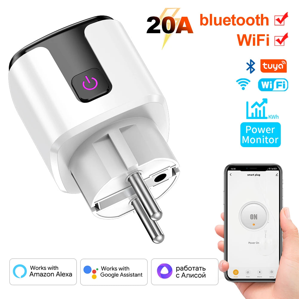 Tuya Smart WiFi+Bluetooth 20A EU Plug With Power Monitoring Socket Timer Outlet Child Lock Google Home Alice SmartThings Alexa