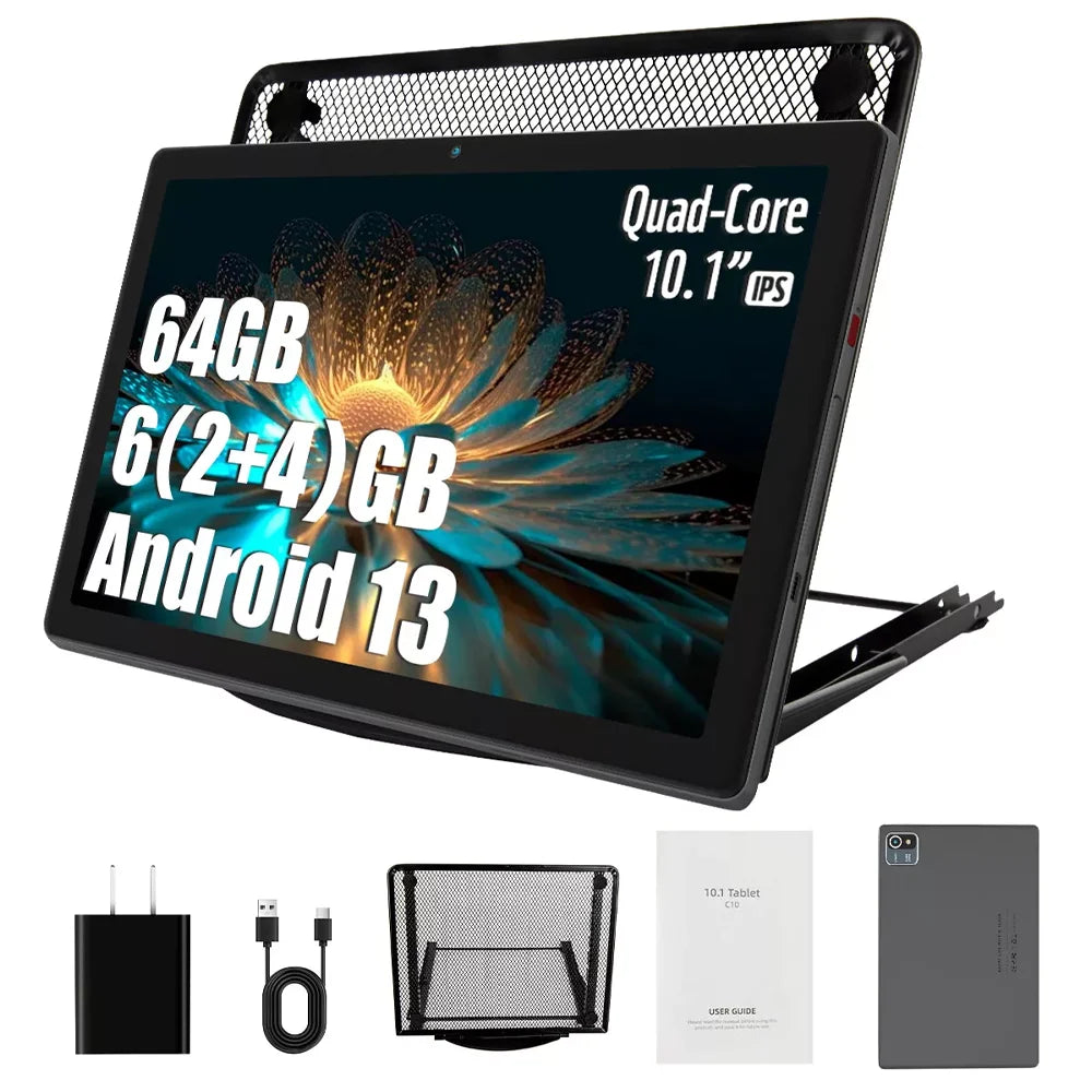 MB1001 10.1 Inch Android 13 Tablet 6GB RAM 64GB ROM 128GB Expandable 5000mAh Battery HD Touch Screen With Cooling Stand Holder