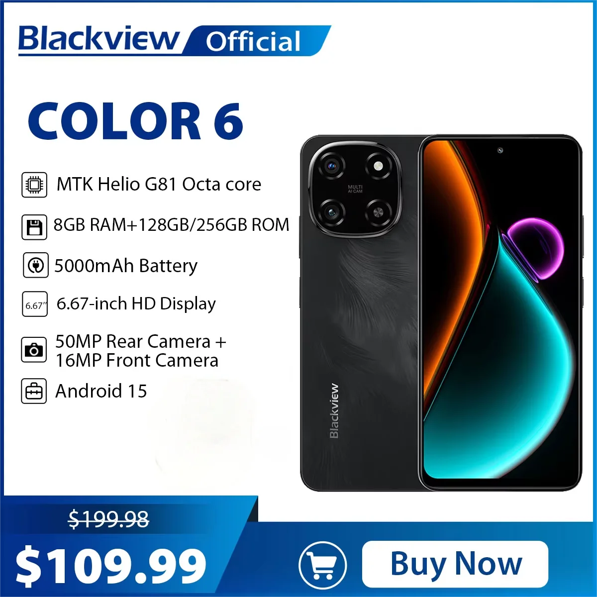 Blackview COLOR 6 Smartphone 6.67inch Display MTK G81 8GB RAM 128GB/256GB ROM 50MP Camera 5000mAh Battery Android 15 Cellphone