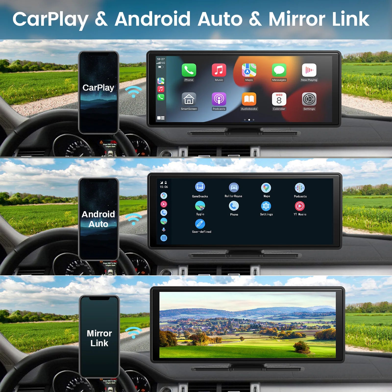 Carplay Screen for Car, 10" Portable Wireless Carplay&Android Auto, ar Stereo Audio Receivers for Car GPS Navigation Mirror Link