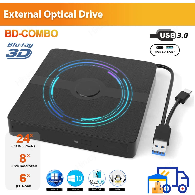 USB 3.0 External Blu-ray Drive Portable 3D BD-Combo Optical Drive CD DVD Player CD Burner Reader for Laptop PC Windows 11/10 Mac