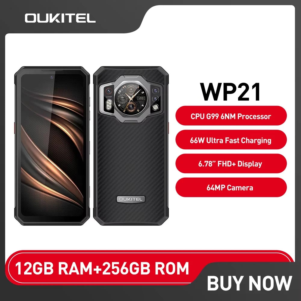 Oukitel WP21 Rugged Smartphone Andriod Dual Screen 12GB+256GB Mobile Phone 64MP Camera 9800mAh Battery  66W 120Hz Cellphone