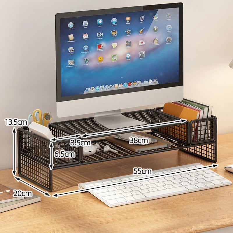 Double-Deck Computer Monitor Riser Holder PC Screen Stand Bracket Desktop Laptop Keyboard Mouse Storage Organizer Pen Container