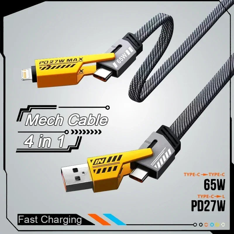 4-in-1 Fast Charging Cable, 65W PD QC Mecha Cable for Android/iPhone, USB C Multi-Port Quick Charge Wire