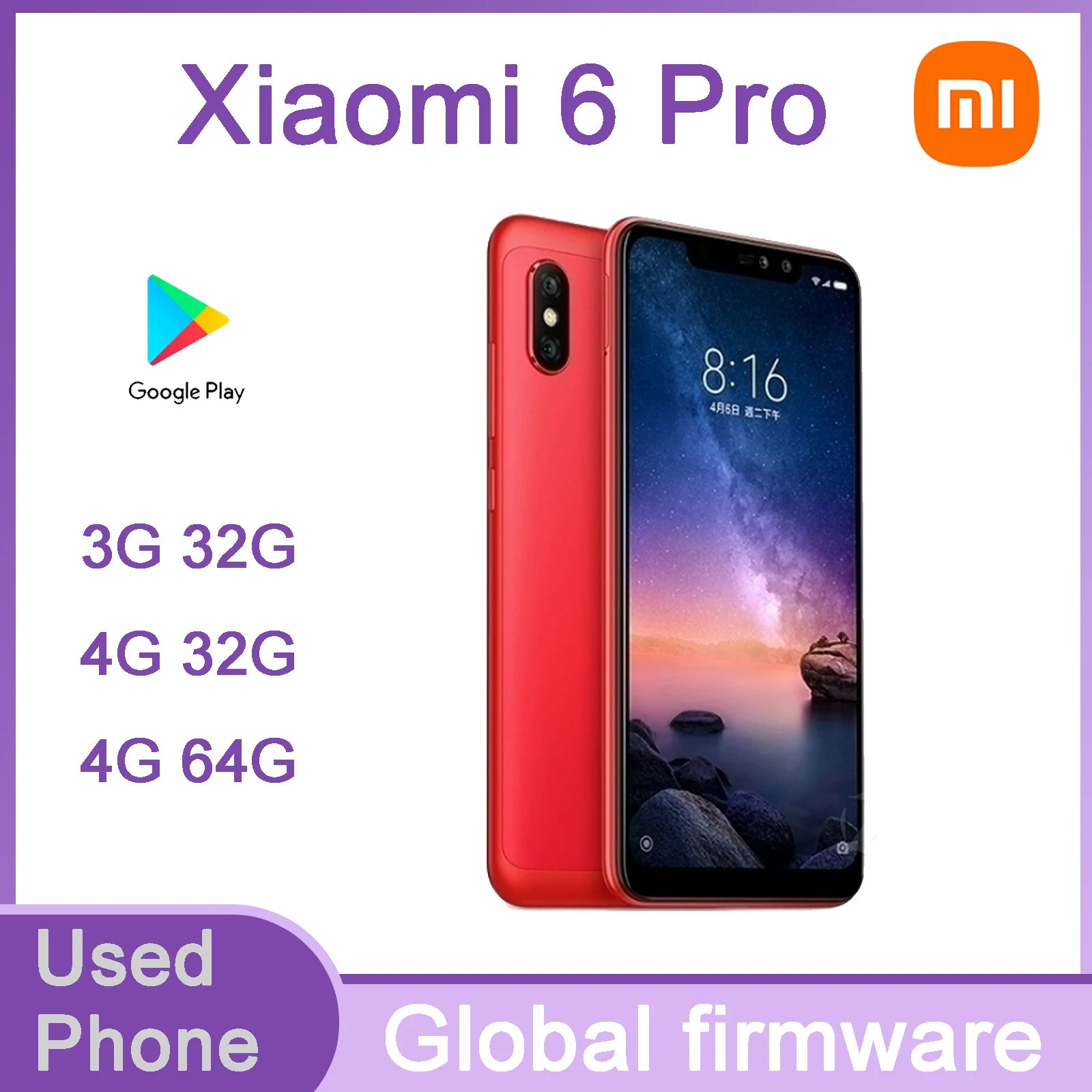 Global firmware Xiaomi Redmi 6 pro Smartphone  Mi A2 Lite 4g 64g Cellphone Snapdragon 625 4000mAh Batterry Used Phone