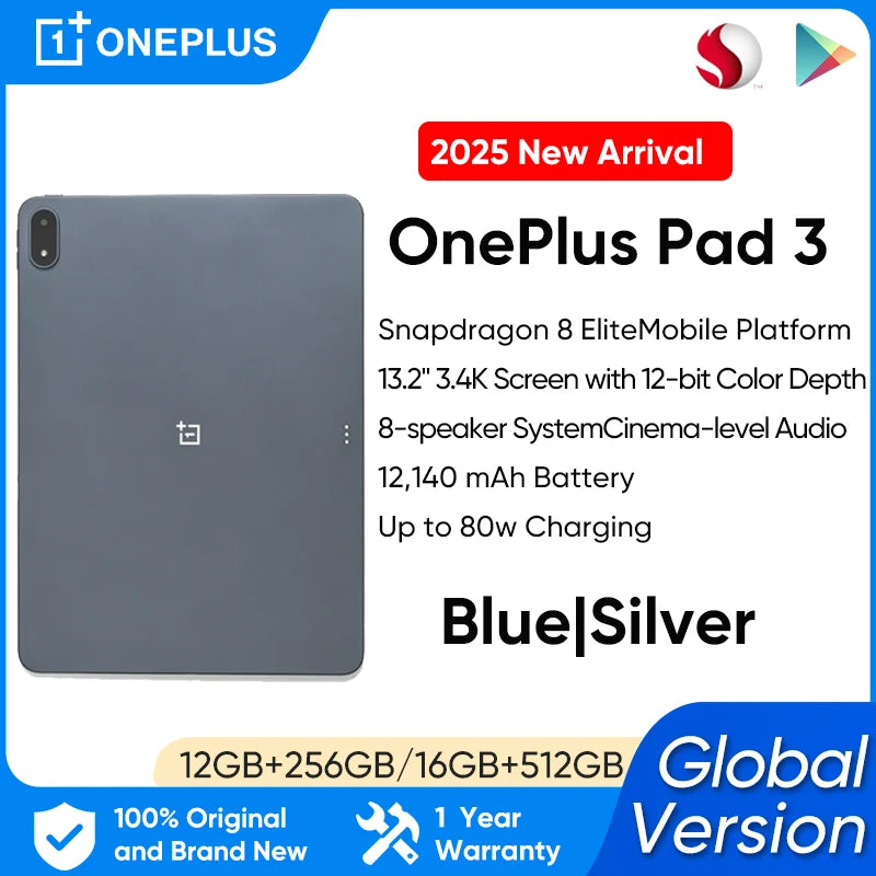 Global Version OnePlus Pad 3 12GB 256GB Tablet Snapdragon 8 Elite 13.2" 144Hz Display 3.4K Resolution Bluetooth 5.4 Android 15