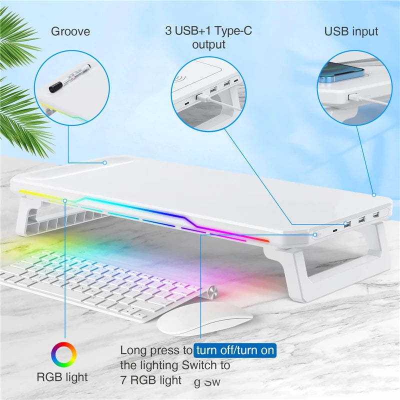 Computer Monitor Riser Stand Storage Rack with RGB Lighting + Wireless Charging + 3 USB Ports White Foldable Desktop Organizer
