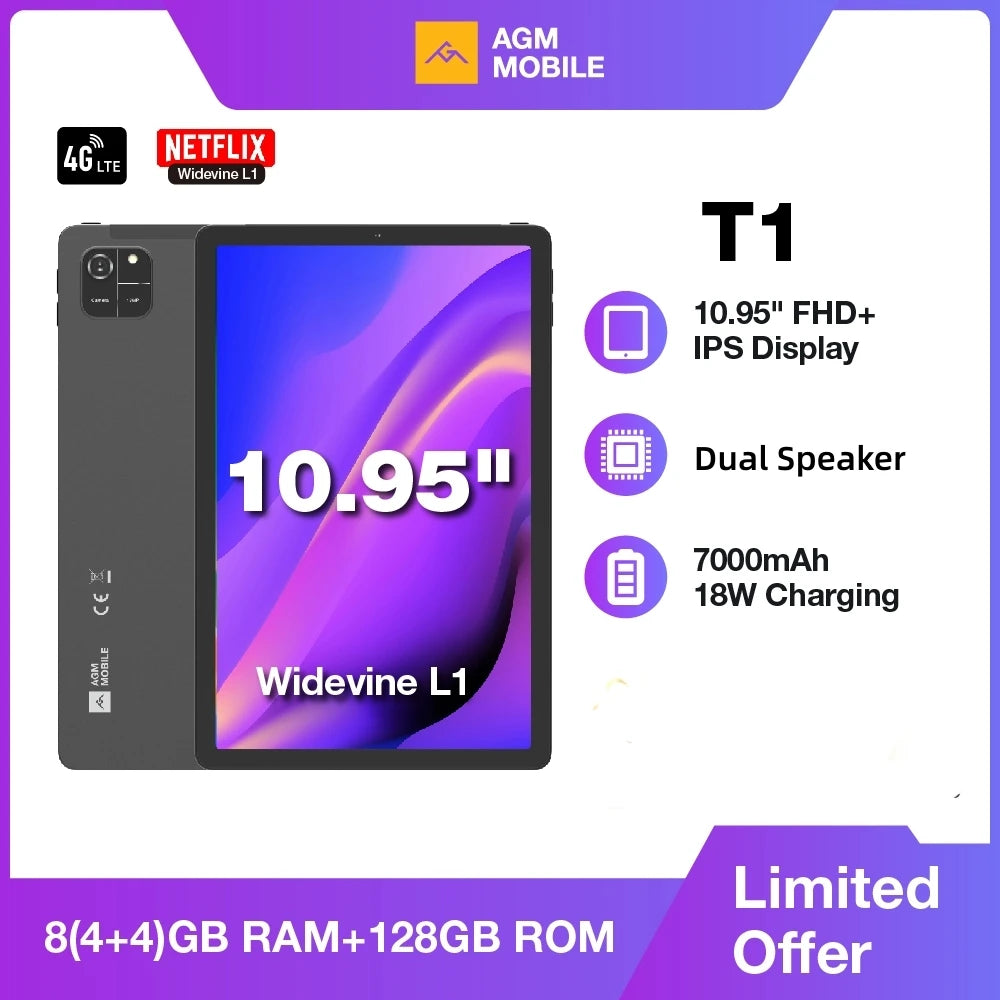 AGM PAD T1 Tablet 10.95 inch 1200*1920 FHD+ Screen  8（4+4）GB RAM 128GB ROM 4G LTE Android 14 Unisoc T606 Tablets Widevine L1